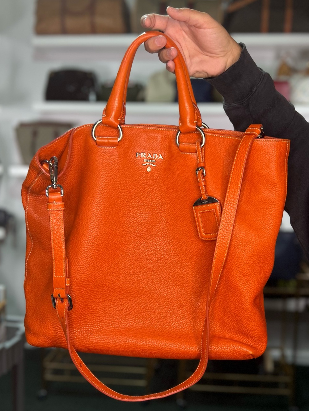 Prada Orange Daino Vitello Leather 2 Way